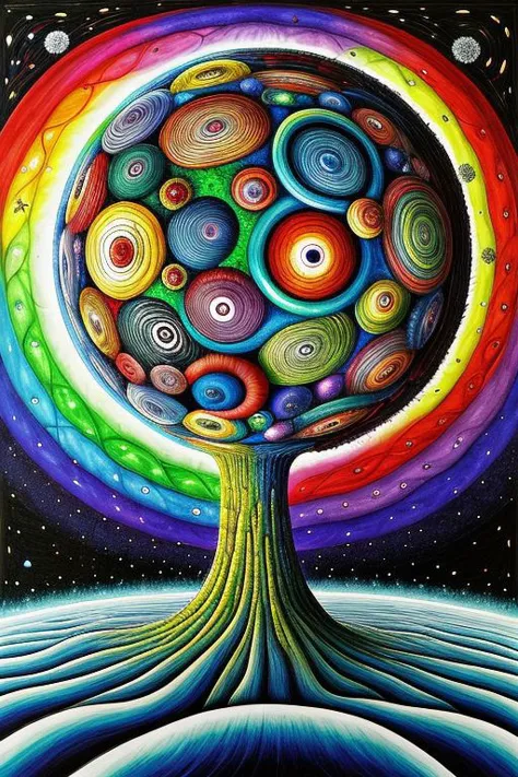 a painting of a tree with many colorful circles on it