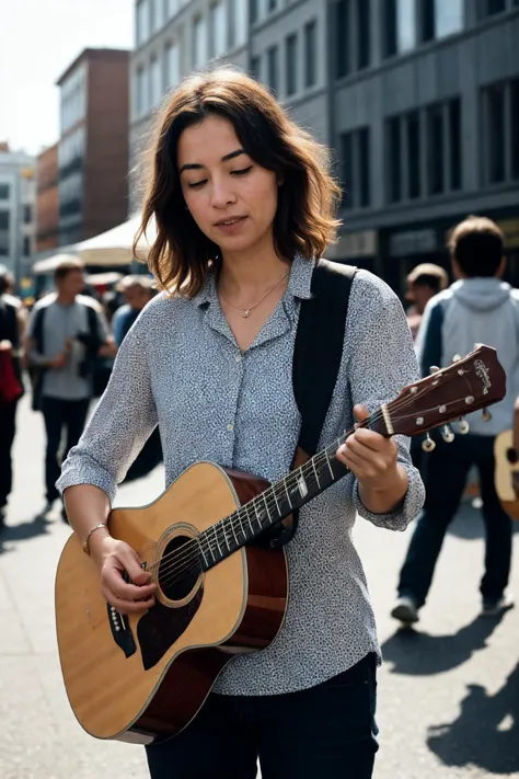 Street Photography Photo of a female street musician, casual attire with an acoustic guitar, strumming chords in a busy city square, wide-angle framing to include the surrounding crowd, late afternoon sun providing natural backlighting, low camera angle for a dynamic view, ISO 200, f/8, 1/250 sec, capturing the candid essence akin to Henri Cartier-Bresson. (perfect face), (8K, 16k, uhd, dslr), (RAW photo:1.2), (best quality:1.4), (high quality:1.4), (masterpiece:1.2), (realistic:1.3), (photo-realistic:1.4), ultra-detailed, (grainy:0.4)