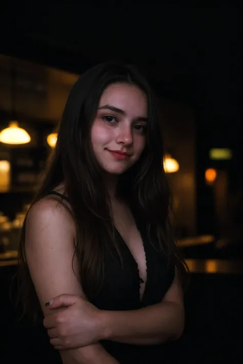 A photo of a girl, dramatic, 21 years old european cute girl, midnight, in front of neon bar, rim lighting, two tone lighting, dimly lit, (low key:1.4), film grain, finely detailed skin, Canon EOS 90D, grainy, dark, nighttime, dark photo, grainy, dimly lit, seductive smirk,