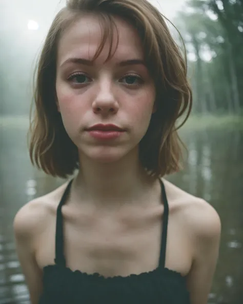 a woman in a black top standing in front of a lake