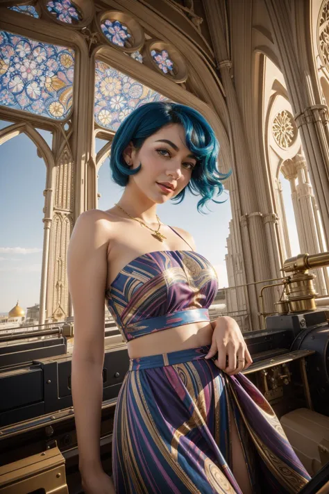 a woman with blue hair and a colorful dress posing for a picture