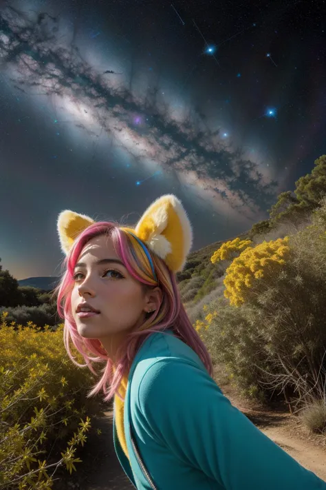 arafed woman with pink hair and cat ears looking up at the sky