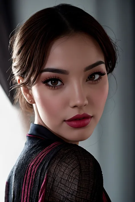 a close up of a woman with a black top and red lipstick