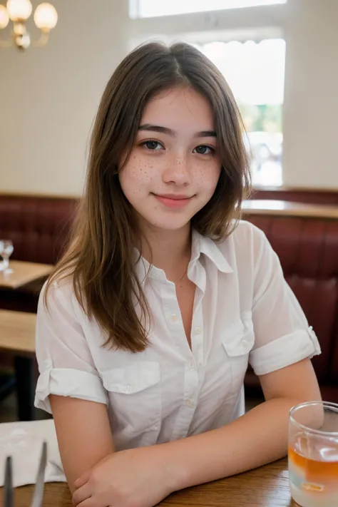 A photo of 19 years old  cute girl, dramatic, freckles, blush, (unbuttoned shirt:1.1), innocent, pale,  finely detailed skin, Canon EOS 90D,, (RAW photo:1.2), (best quality:1.4), at restaurant, (very perky medium breasts full on bottom)