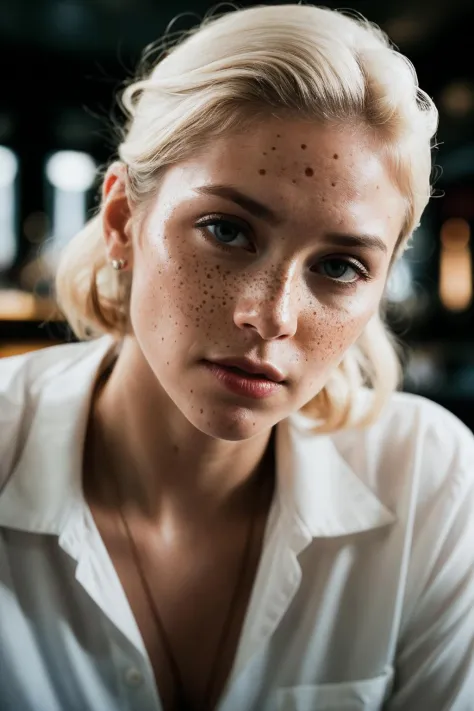 photo of (extreme closeup:1.3) portrait (albino:1.2) woman upsweep updo button shirt large freckles at a cantina sitting bar finely detailed skin, rim lighting, hard lighting, ((hasselblad photography)) (8K, 16k, uhd, dslr), (RAW photo:1.2), (best quality:...