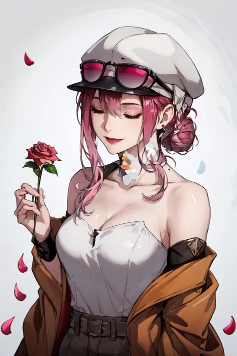 1girl, solo, smile, hat, white background, dress, holding, bare shoulders, closed mouth, collarbone, jacket, closed eyes, upper body, flower, white hair, hair bun, petals, makeup, rose, single hair bun, sunglasses, eyewear on head, pink flower, brown jacket, holding flower,large breasts,(shiny skin:1.15),(mature female:1.2),shalom, 
