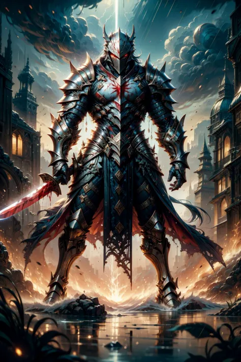 a dark knight standing in front of a city with a sword