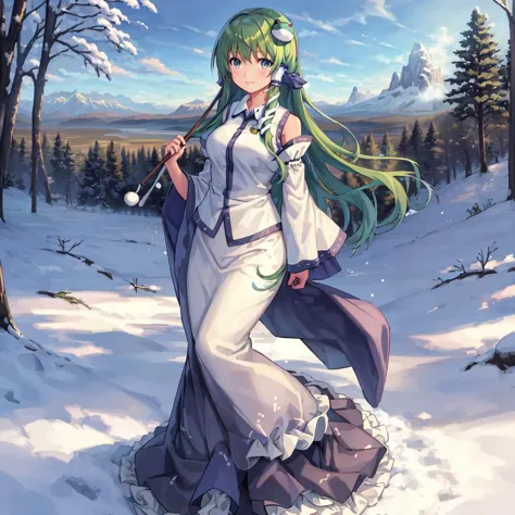 masterpiece, best quality, illustration, 1girl, solo, standing, empty hands, smiling, (((long shot, full body portrait))), <lora:Sanae_V1:1> kochiya sanae, hair tubes, frog hair ornament, snake hair ornament, shirt, long sleeves, wide sleeves, blue skirt, snow, winter, trees, mountains, day, <lora:Fantastic_Landscape_V1:0.4> Fantascape