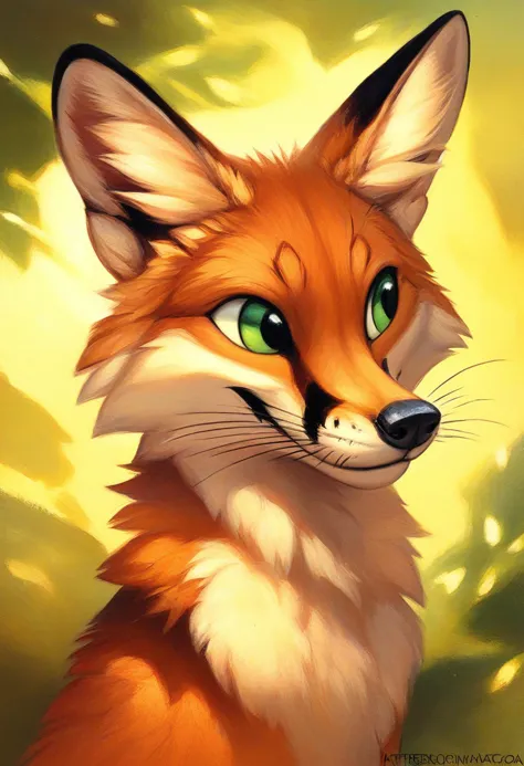 a close up of a fox with green eyes and a yellow background