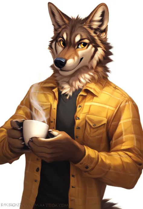 score_9, score_8_up, score_7_up, source_furry, rating_safe, by kenket,
anthro, canine, solo, male, wolf, brown fur, yellow eyes, paws, holding cup, coffee, 
yellow flannel shirt, simple background,
<lora:E6_Styles_-_Kenket_Definitive_Edition_v2-000008:1>