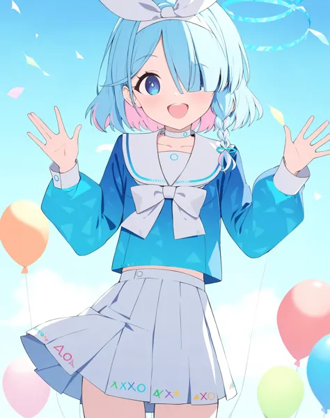 anime girl with blue hair and white dress holding up her hands