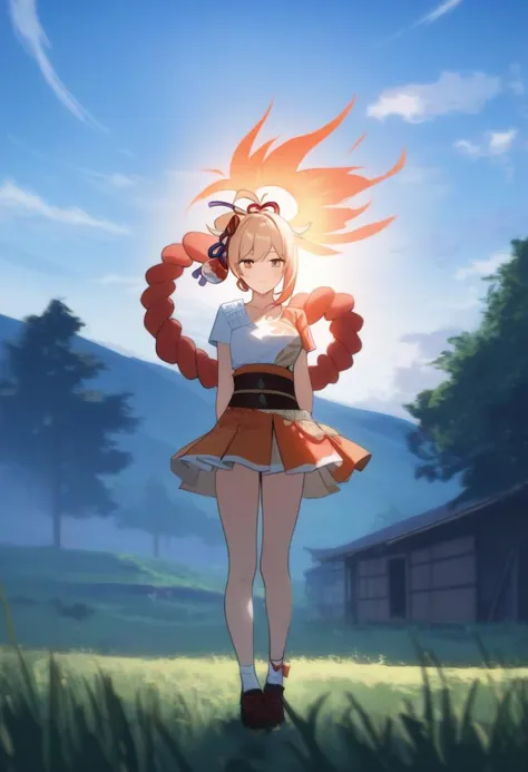 a girl in a dress standing in a field with a bird on her head