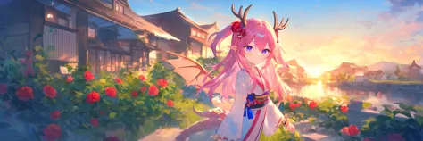 1girl,
fuzichoco, ask \(askzy\),
masterpiece, newest, absurdres,  solo.
dragon wings, tail, horns, solo, antlers, pointy ears, japanese clothes, side slit, long hair, two side up, bangs, sky, house, purple eyes, building, hair between eyes, closed mouth, medium breasts, pink hair, plant, slit pupils, standing,  sunset, river, looking at viewer, hair ornaments, walking on the street, close-up, animal, blue eyes, blue sky, bracelet, breasts, day, flower, from side, grass, indoors, jewelry, kimono, necklace, night, night sky, outdoors, red flower, red rose, rose