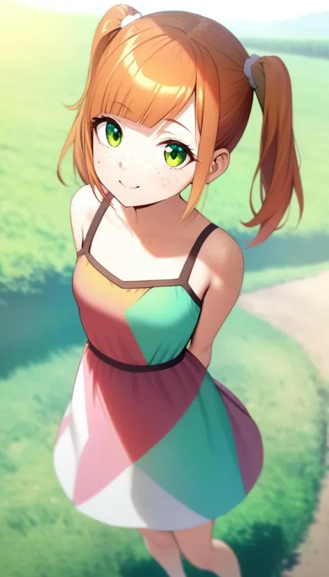 a girl in a colorful dress standing on a path