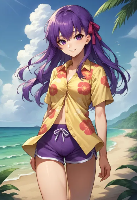 a woman in a yellow shirt and purple shorts standing on a beach