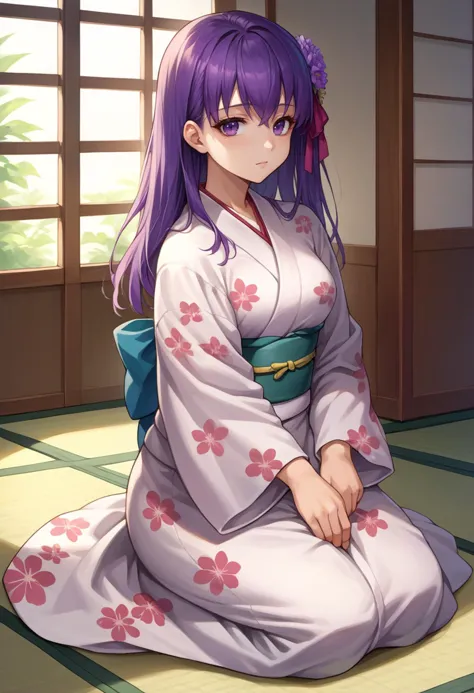 a woman in a kimono sitting on the floor with a cup