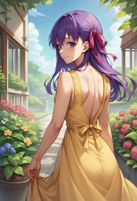 score_9, score_8_up, source_anime, 1girl, solo, SakuraMatou, purple hair, purple eyes, long hair, hair ribbon, from behind, yellow sundress, garden, day, sunshine, smile, looking back, <lora:ChamSakuraMatouPonyXL:1>