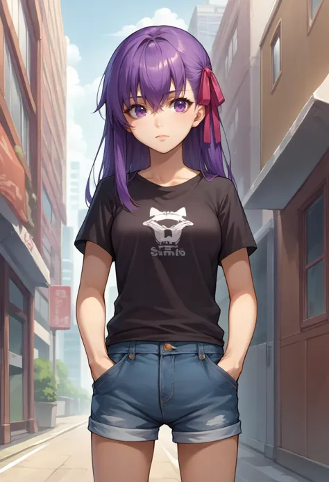 anime girl with purple hair and blue shorts standing in a city street