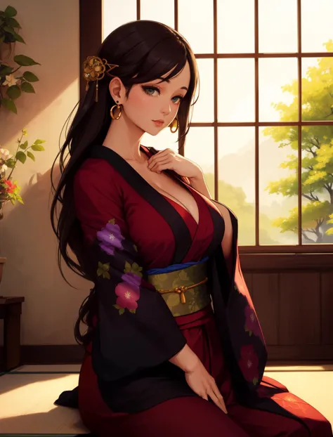 a Japanese woman wearing a kimono,(((masterpiece))),((best quality)),((intricate detailed)),((Hyperrealistic)),absurd res,milf,m...