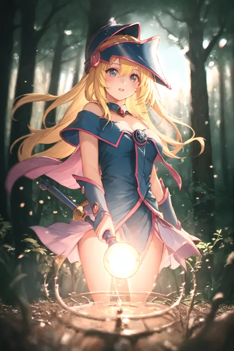 dark magician girl, masterpiece, best quality, (1girl), solo, (forest), long hair, blonde hair, blue headwear, wizard hat, spell casting, nature, trees:1.2, motion blur, magic, (moonlight:1.2), chromatic aberration, depth of field, soft lighting, highly de...