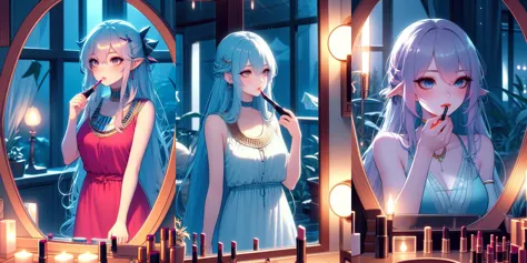 anime girl in a bathroom with a mirror and candles