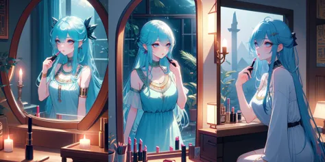 anime girl in blue dress looking at herself in mirror