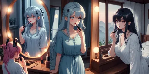 anime girl in blue dress brushing her teeth in front of mirror