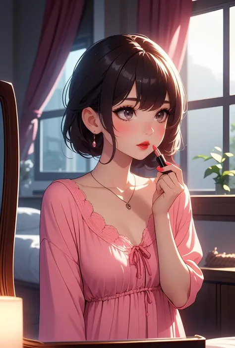 (masterpiece, best quality), 1girl,   <lora:girllikeapplylipstick:0.8> from side, apply lipstick, holding a lipstick, reflection, looking at mirror, collarbone, necklace, chiffon tunic, window, bedroom, night view