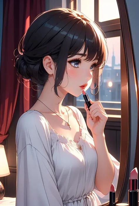 (masterpiece, best quality), 1girl,   <lora:girllikeapplylipstick:0.8> from side, apply lipstick, holding a lipstick, reflection, looking at mirror, collarbone, necklace, chiffon tunic, window, bedroom, night view