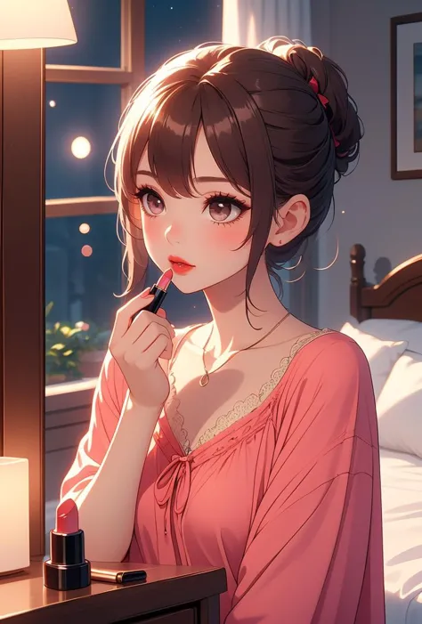 (masterpiece, best quality), 1girl,   <lora:girllikeapplylipstick:0.8> from side, apply lipstick, holding a lipstick, reflection, looking at mirror, collarbone, necklace, chiffon tunic, window, bedroom, night view