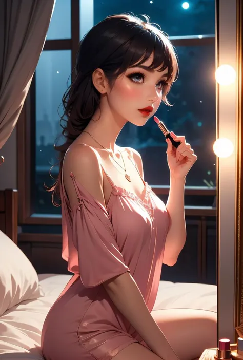 a woman in a pink dress sitting on a bed with a lipstick in her mouth