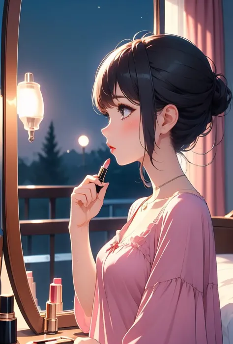 (masterpiece, best quality), 1girl,   <lora:girllikeapplylipstick:0.8> from side, apply lipstick, holding a lipstick, reflection, looking at mirror, collarbone, necklace, chiffon tunic, window, bedroom, night view