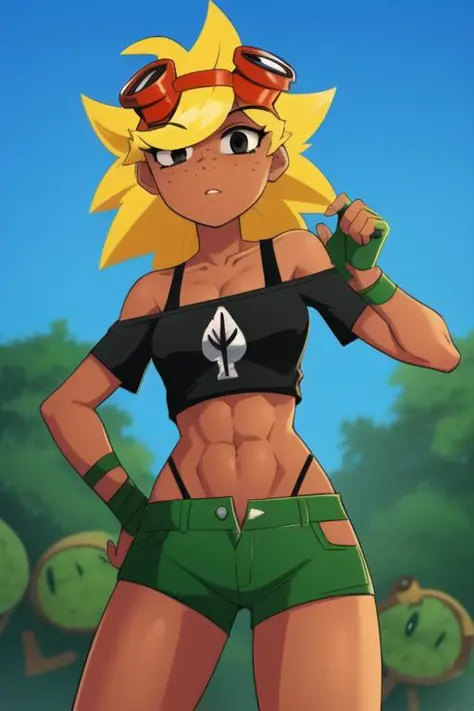 solar_flare_(plants_vs_zombies_heroes), masterpiece, best quality, 1girl, solo, goggles, blonde hair, goggles on head, breasts, shorts, freckles, dark skin, dark-skinned female, navel, gloves, green shorts, midriff, medium breasts, crop top, spiked hair, cowboy shot, clenched hands, black eyes, shirt, looking at viewer, abs, fingerless gloves, green gloves, tank top, bare shoulders, long hair, off shoulder, black shirt outdoors,