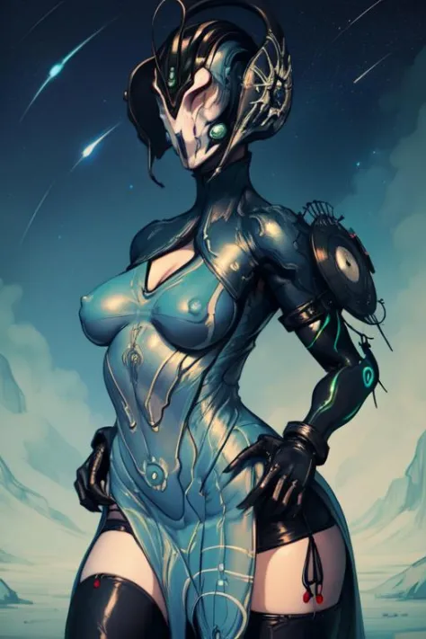 Banshee, neon trim,black thighhighs,elbow gloves, pelvic curtain,   helmet,   hands on hips, 
standing, upper body,  cowboy shot,   cleavage, 
small space ships, stars, large breasts, 
(insanely detailed, beautiful ,masterpiece, best quality)covered nipple...