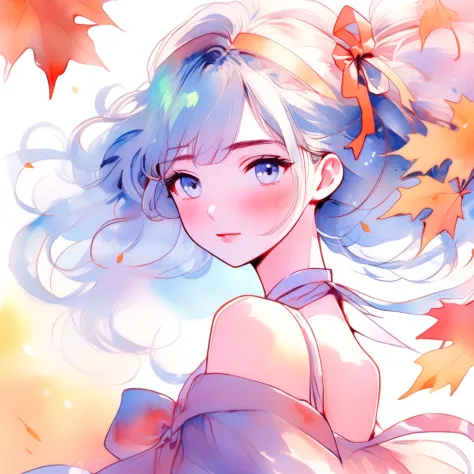 (8k, best quality, masterpiece:1.2),(best quality:1.0), (ultra highres:1.0), manga style watercolor, a beautiful woman, shoulder, hair ribbons half body portrait, extremely luminous bright design, pastel colors, (ink:1.3), autumn lights