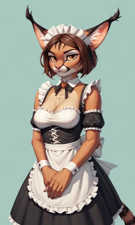 a cartoon cat maid with a cat's head in her mouth