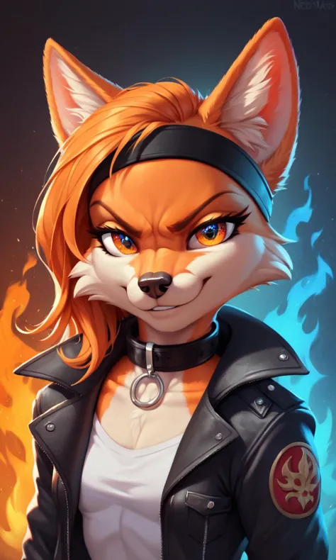 a woman in a leather jacket and a cat headband