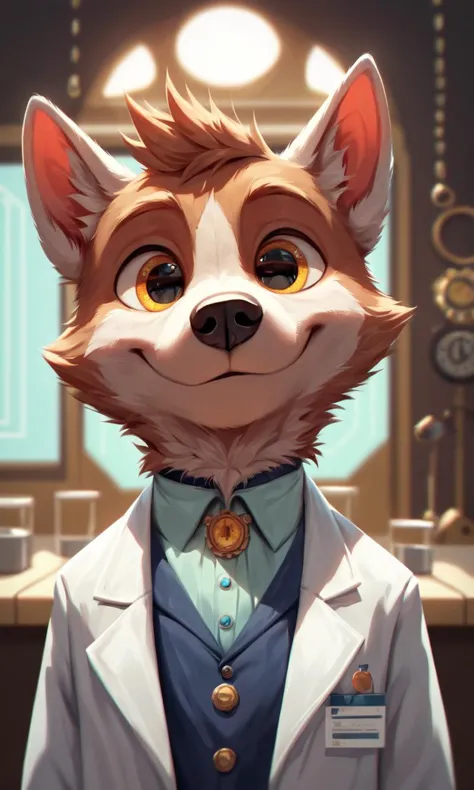 a close up of a cartoon dog wearing a lab coat