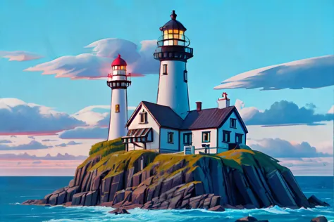 painting of a lighthouse on a rocky island with a cloudy sky