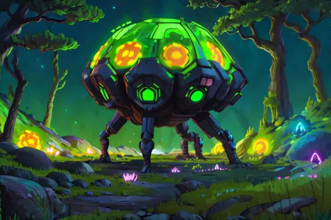 a green and yellow alien robot standing in a forest