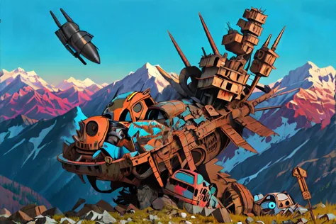 a close up of a cartoon picture of a ship in the mountains