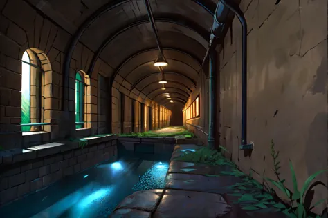 there is a long tunnel with a pool in it