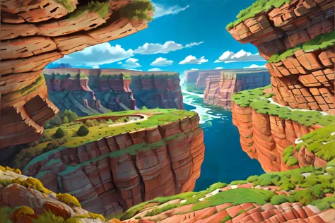 cartoon scene of a canyon with a river and a cliff