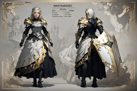 (masterpiece, best quality, ultra detailed, reference sheet, illustration, textile shading), delicate pattern, detailed background, fantasy, 1girl, solo, knight, KnightT, art_deco_fusion pattern full armor, equipped with kite shield, <lora:KnightT:0.8>, symmetry, black and gold, <lora:art_deco_fusion:0.7>,