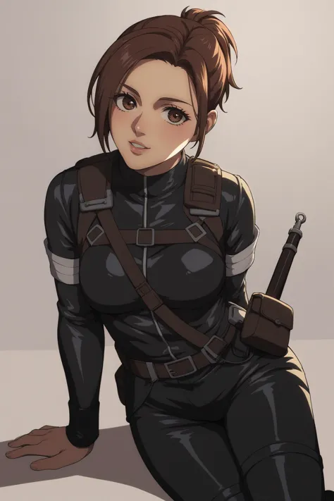 score_9, score_8_up, score_7_up, BREAK source_anime, <lora:Sasha Blouse-PonyXL-lora-Faxtron:0.8> sasha blouse, brown eyes, brown hair, short ponytail, medium breasts, black paradis military uniform, black pants, boots,