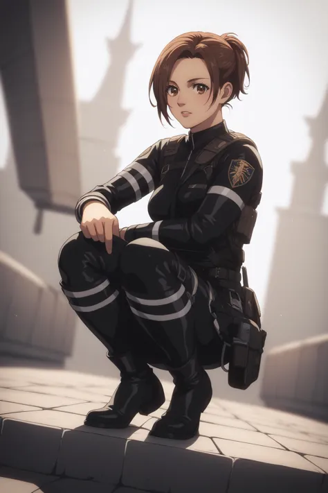 score_9, score_8_up, score_7_up, BREAK source_anime, <lora:Sasha Blouse-PonyXL-lora-Faxtron:0.8> sasha blouse, brown eyes, brown hair, short ponytail, medium breasts, black paradis military uniform, black pants, boots,