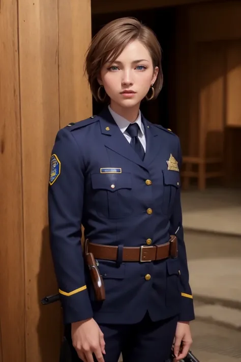 masterpiece, best quality, ultra high res, (photorealistic:1.8), unreal_engine, photograph, realistic_skin_texture, <lora:topaz-officer-v1:0.65>, cowboy shot, 1girl, solo, sxtopaz, short hair, brown hair, blue eyes, earrings, police uniform, rifle