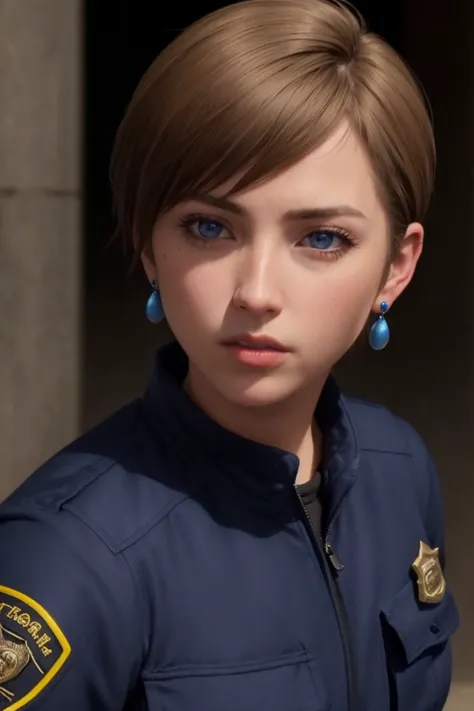 masterpiece, best quality, ultra high res, (photorealistic:1.8), unreal_engine, photograph, realistic_skin_texture, <lora:topaz-military-v1:0.65>, upper body, 1girl, solo, sxtopaz, short hair, brown hair, blue eyes, earrings, police uniform, rifle