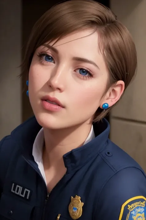 masterpiece, best quality, ultra high res, (photorealistic:1.8), unreal_engine, photograph, realistic_skin_texture, <lora:topaz-military-v1:0.65>, upper body, 1girl, solo, sxtopaz, short hair, brown hair, blue eyes, earrings, lipstick, police uniform, portait