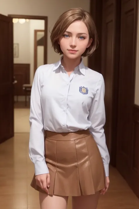 masterpiece, best quality, ultra high res, (photorealistic:1.8), unreal_engine, photograph, realistic_skin_texture, <lora:topaz-military-v1:0.65>, cowboy shot, 1girl, solo, sxtopaz, short hair, brown hair, blue eyes, school uniform, short dress, long sleeves, small breasts, standing, indoors, hallway, smile